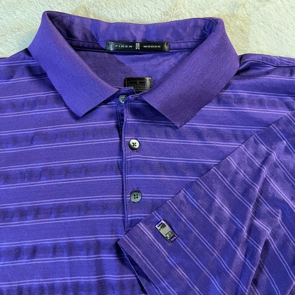 Tiger Woods Purple Stripe Polo Shirt – Men's Large – Metal Logo Sleeve - Cotton
